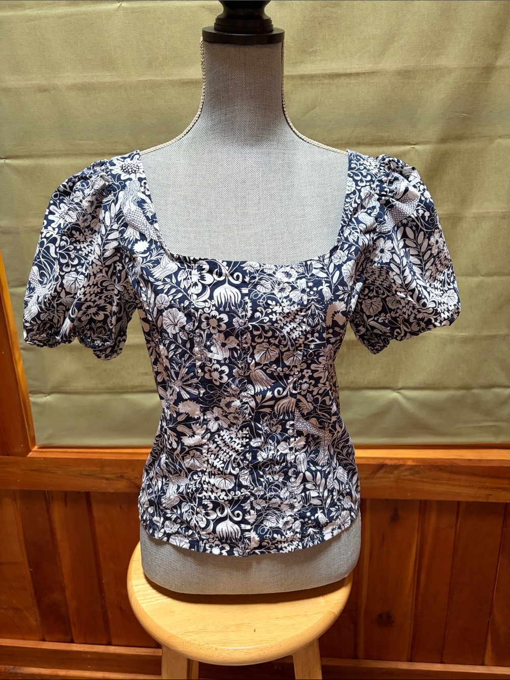 J. Crew Navy and White Floral Square-Neck Puff Sleeve Blouse